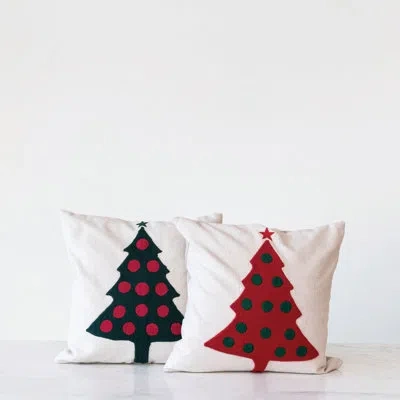 Creative Co-op Cotton And Linen Pillow With Embroidered Wool Christmas Tree And Chambray Back In Red,green,natural