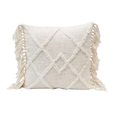 Creative Co-op Cotton Blend Tufted Pillow With Pattern And Fringe In Cream