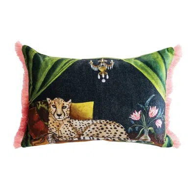 Creative Co-op Cotton Blend Velvet Printed Lumbar Pillow With Cheetah Image And Eyelash Fringe In Multi