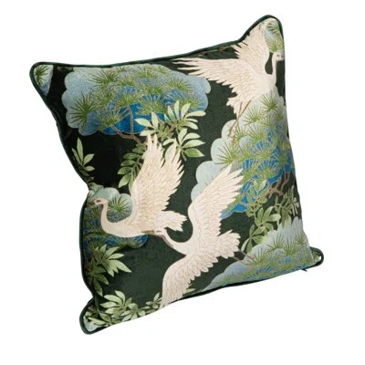 Creative Co-op Cotton Blend Velvet Printed Pillow With Cranes And Piping In Green