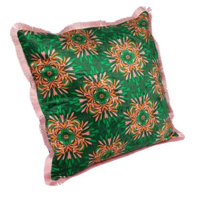 Creative Co-op Cotton Blend Velvet Printed Pillow With Floral Pattern And Eyelash Fringe In Multicolor