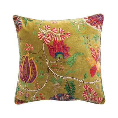 Creative Co-op Cotton Blend Velvet Printed Pillow With Flowers And Mini Pom Pom Trim In Multicolor