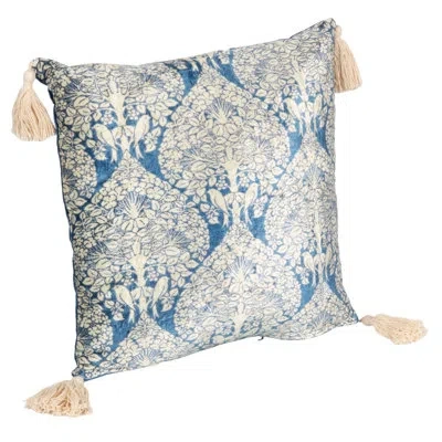 Creative Co-op Cotton Blend Velvet Printed Pillow With Pattern And Tassels In Blue