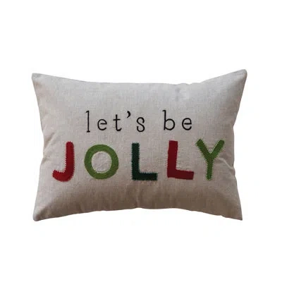 Creative Co-op Cotton Chambray Lumbar Pillow With Embroidery And Beads "let's Be Jolly" In Red,green,natural