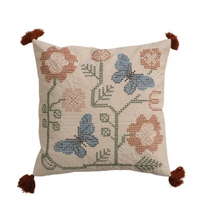 Creative Co-op Cotton Dobby Pillow With Embroidered Flowers, Butterflies & Tassels In Multicolor