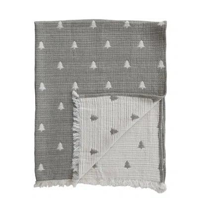 Creative Co-op Cotton Double Cloth Throw W Embroidered Trees In Green