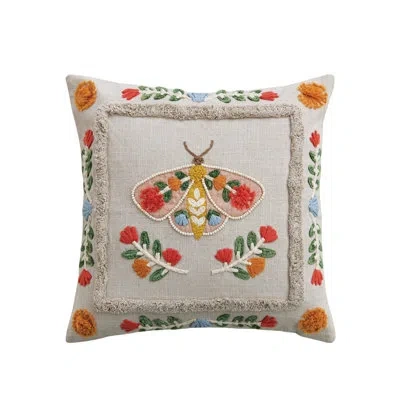 Creative Co-op Cotton Embroidered Moth & Flora Accent Pillow In Multi