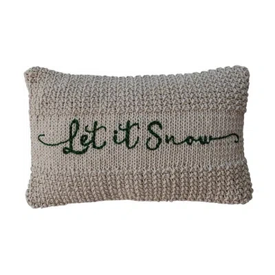 Creative Co-op Cotton Knit Macrame Lumbar Pillow With Embroidered "let It Snow" In Multicolor