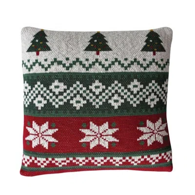 Creative Co-op Cotton Knit Pillow With Trees, Poinsettias & Striped Patterns In Multi