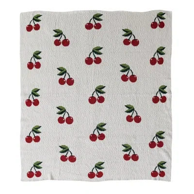 Creative Co-op Cotton Knit Throw Blanket With Cherry Motif In Brown;white;green;red