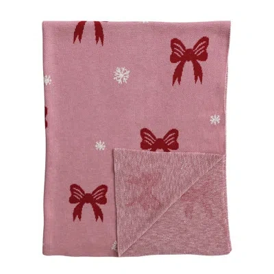Creative Co-op Cotton Knit Throw W Bows & Snowflakes In Red;pink