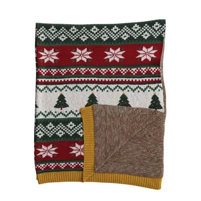 Creative Co-op Cotton Knit Throw W Trees, Poinsettias & Striped Patterns In Multi