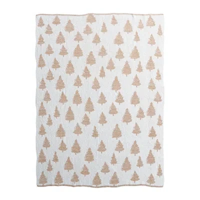 Creative Co-op Cotton Knit Throw With Trees And Thread In Cream