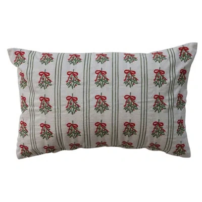Creative Co-op Cotton Lumbar Pillow With Mistletoe Pattern, Stripes & Embroidery In Multicolor