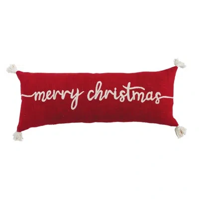 Creative Co-op Cotton Lumbar Pillow With Tassels And Embroidered "merry Christmas" In Red