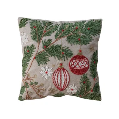 Creative Co-op Cotton Pillow With Embroidered Boughs, Ornaments & Snowflakes In Multicolor