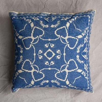 Creative Co-op Cotton Pillow With Embroidered Design And Chambray Back In Blue