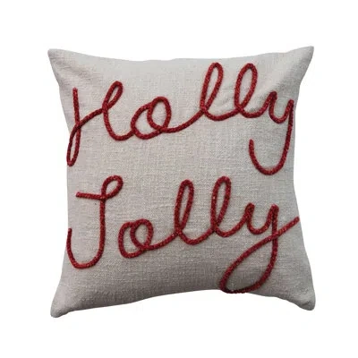 Creative Co-op Cotton Pillow With Embroidered Holly Jolly In Multicolor