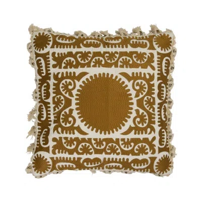 Creative Co-op Cotton Pillow With Embroidery, Chambray Back And Tassels In Cream