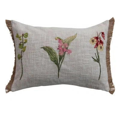Creative Co-op Cotton Printed Lumbar Pillow With Botanicals, Embroidery, Beads And Jute Fringe In Multicolor