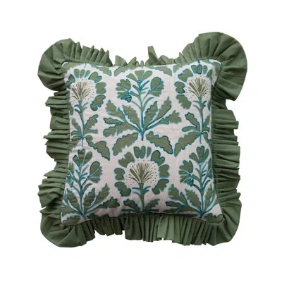 Creative Co-op Cotton Printed Pillow With Floral Pattern, Embroidery, And Ruffle In Blue