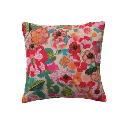 Creative Co-op Cotton Printed Pillow With Flowers And Embroidery In Multicolor