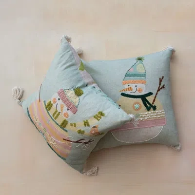 Creative Co-op Cotton Printed Pillow With Snowman, Embroidery, Tassels And Patterned Back In Blue,beige,orange,green