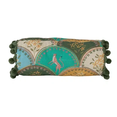 Creative Co-op Cotton Printed Round Bolster Pillow With Cheetahs And Flower Pattern, Pom Pom Trim In Multi