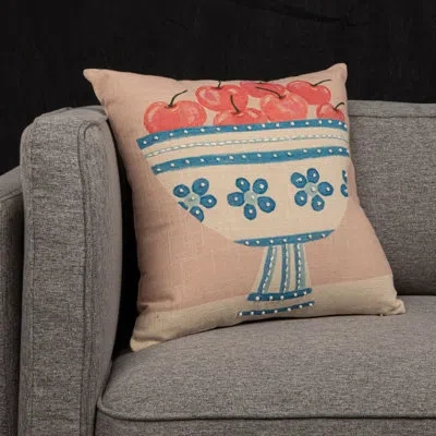 Creative Co-op Cotton Printed Slub Pillow With Fruit Bowl, Embroidery And French Knots In Multicolor