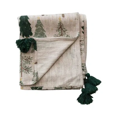 Creative Co-op Cotton Printed Throw W Trees Pattern & Tassels In Multi
