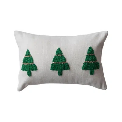 Creative Co-op Cotton Slub Lumbar Pillow With Embroidered Christmas Trees And Beads In Green