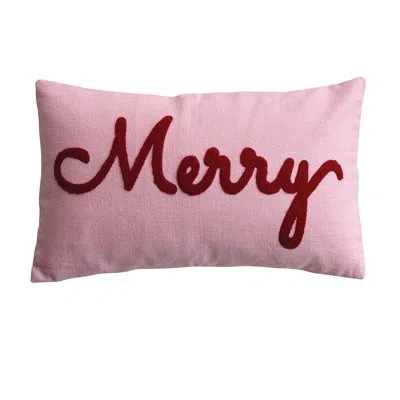 Creative Co-op Cotton Slub Lumbar Pillow With Embroidered "merry" In Pink