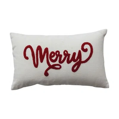 Creative Co-op Cotton Slub Lumbar Pillow With Embroidered "merry" In Red;natural