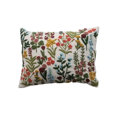 Creative Co-op Cotton Slub Lumbar Pillow With Hand-embroidered Flowers In Multicolor