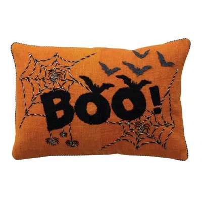Creative Co-op Cotton Slub Lumbar Pillow With Spider Webs, Bats & Embroidery In Multicolor