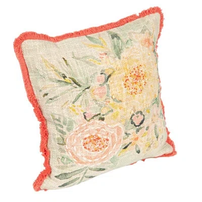 Creative Co-op Cotton Slub Pillow With Flowers, Embroidery And Eyelash Fringe In Multi