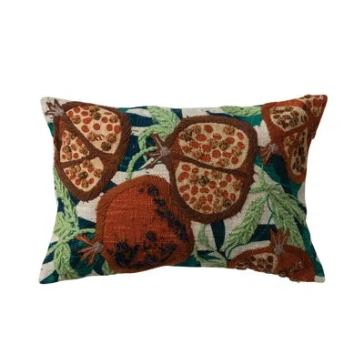 Creative Co-op Cotton Slub Printed Lumbar Pillow With Pomegranates, Embroidery And French Knots In Multicolor