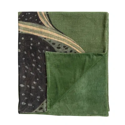 Creative Co-op Cotton Slub Printed Throw Blanket With Cranes Pattern And Velvet Back In Black;green;red;yellow