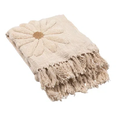 Creative Co-op Cotton Slub Throw With Tufted Flowers And Fringe In Tan;natural