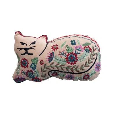 Creative Co-op Cotton Velvet Cat Shaped Pillow With Botanicals And Embroidery In Multicolor