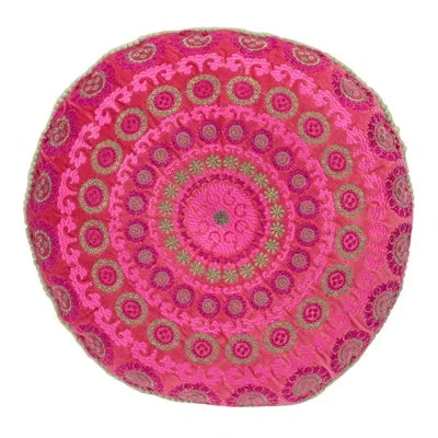 Creative Co-op Cotton Velvet Embroidered Decorative Pillow With Mini Pom Pom Trim And Chambray Back In Pink