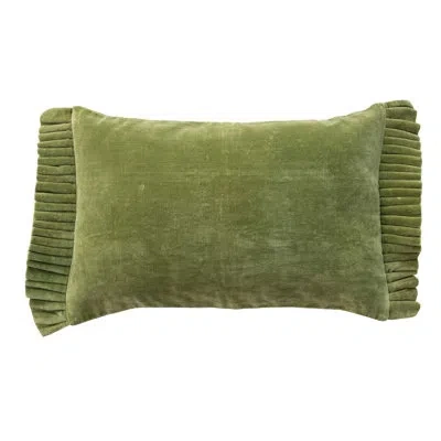 Creative Co-op Cotton Velvet Lumbar Pillow With Ruffle Trim In Green