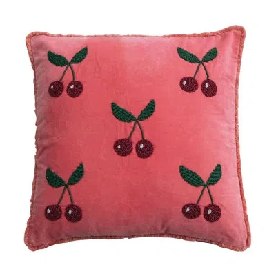 Creative Co-op Cotton Velvet Pillow With Hand-beaded Cherries And Eyelash Fringe In Multicolor