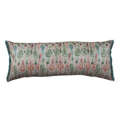 Creative Co-op Cotton Velvet Printed Lumbar Pillow With Pattern And Eyelash Fringe In Multicolor