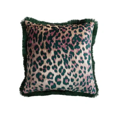 Creative Co-op Cotton Velvet Printed Pillow With Leopard Print Pattern And Eyelash Fringe In Green