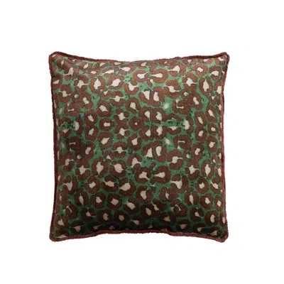 Creative Co-op Cotton Velvet Printed Pillow With Leopard Print Pattern And Eyelash Fringe, Green And Brown In Multicolor