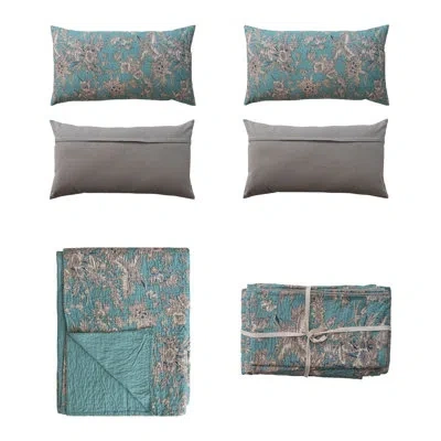 Creative Co-op Cotton Voile Printed Bed Cover With Florals, Hand-embroidered Kantha Stitch And 2 King Shams In Blue
