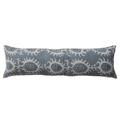 Creative Co-op Cotton Voile Printed Lumbar Pillow With Hand-embroidered Kantha Stitch And Chambray Back In Blue