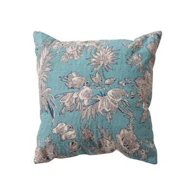 Creative Co-op Cotton Voile Printed Pillow With Florals, Hand-embroidered Kantha Stitch And Chambray Back In Blue