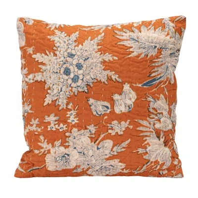 Creative Co-op Cotton Voile Printed Pillow With Florals, Hand-embroidered Kantha Stitch And Chambray Back In Orange